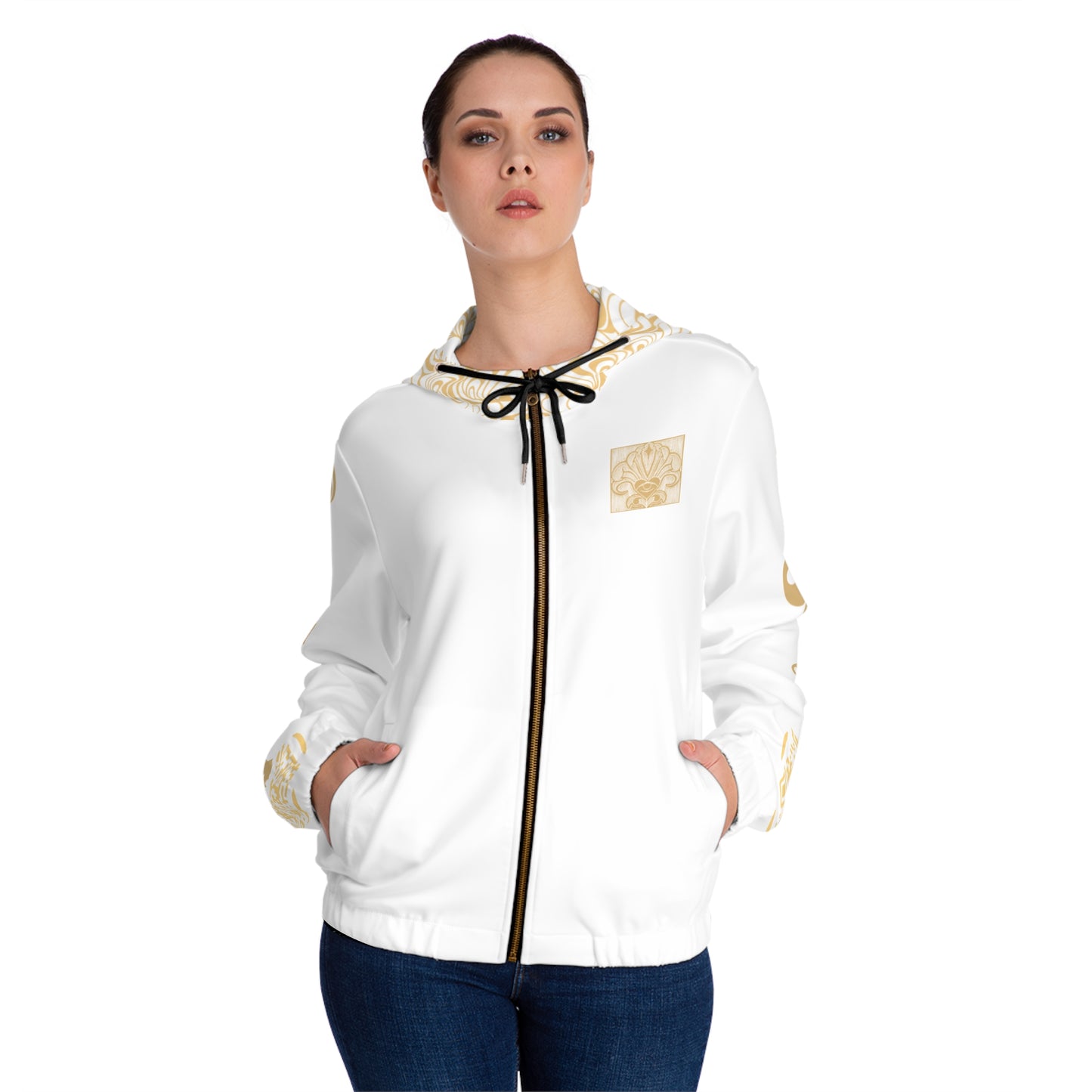 White Artistic Women’s Full-Zip Hoodie - Stylish AOP, Boho Chic Outerwear, Perfect for Cozy Days, Festival Fashion, Unique Gift Idea